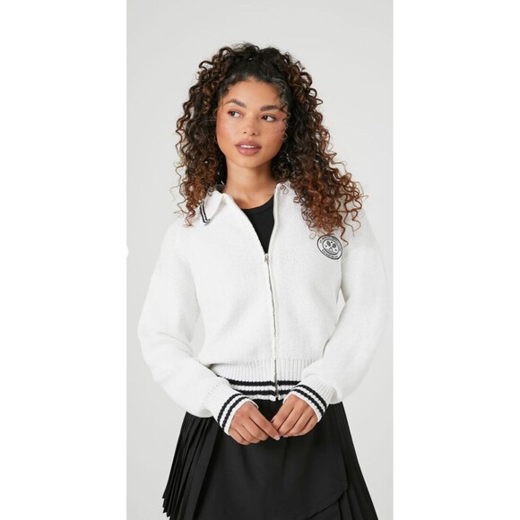 Forever 21 St. Moritz Tennis Club Sweater Women’s M White Zip-Up Cardigan - Picture 1 of 8